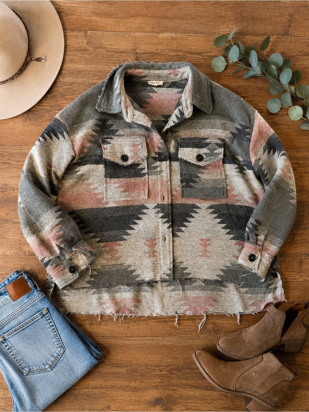 LA MIEL Gray and Pink Aztec Shacket Jacket